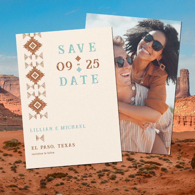 Cowboy Country Western Aztec Wedding Save the Date Invitation (western country cowboy desert wedding save the date photo terracotta teal)