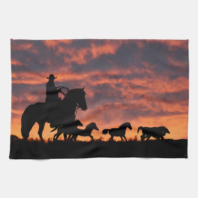 Cowboy Country Western Wild Horses Tea Towel (Horizontal)
