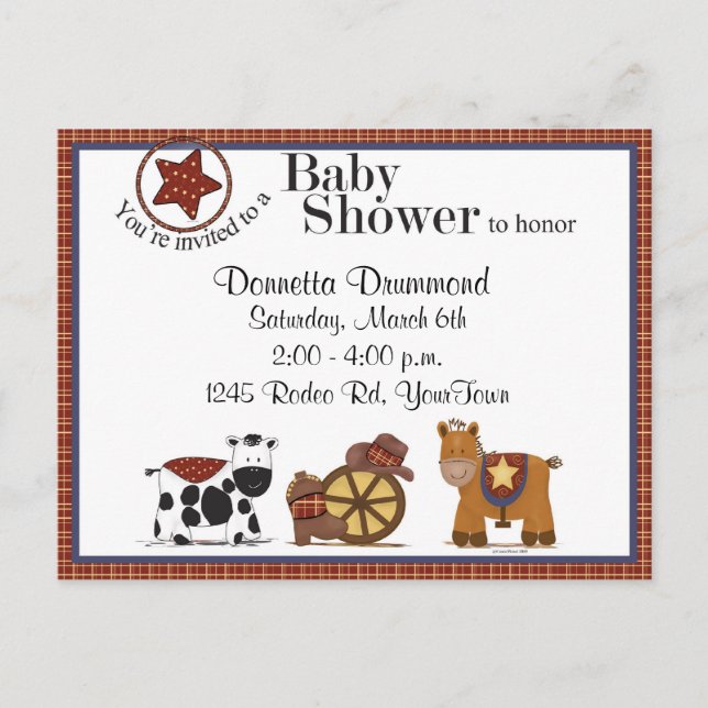 Cowboy/Cowgirl Baby Shower Invitation Postcard (Front)