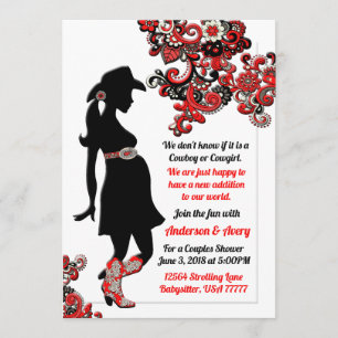 Cowboy Cowgirl Black Red White Couples Baby Shower Invitation