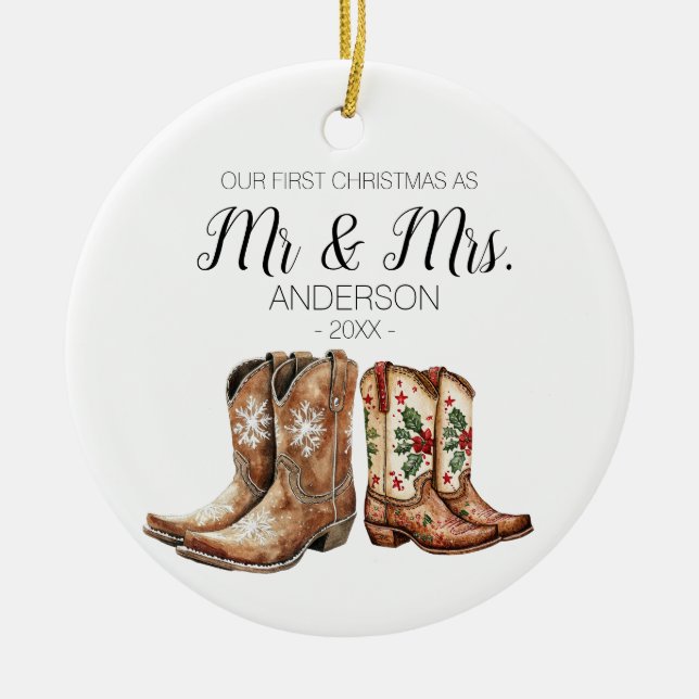 Cowboy Cowgirl Boots First Christmas As Mr & Mrs Ceramic Ornament (Front)