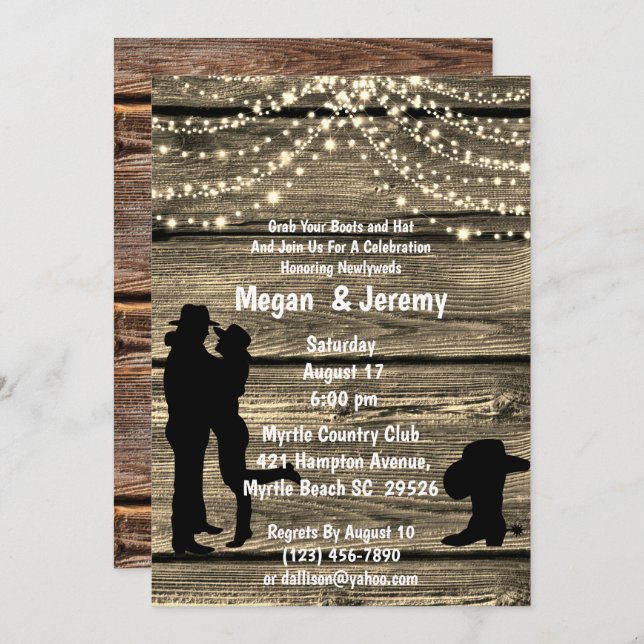   Cowboy Cowgirl Hug Wood String Light Reception   Invitation (Front/Back)