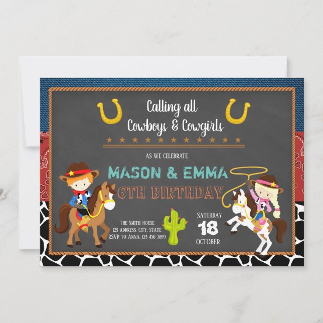 Cowboy cowgirl joint birthday party invitation (Front)