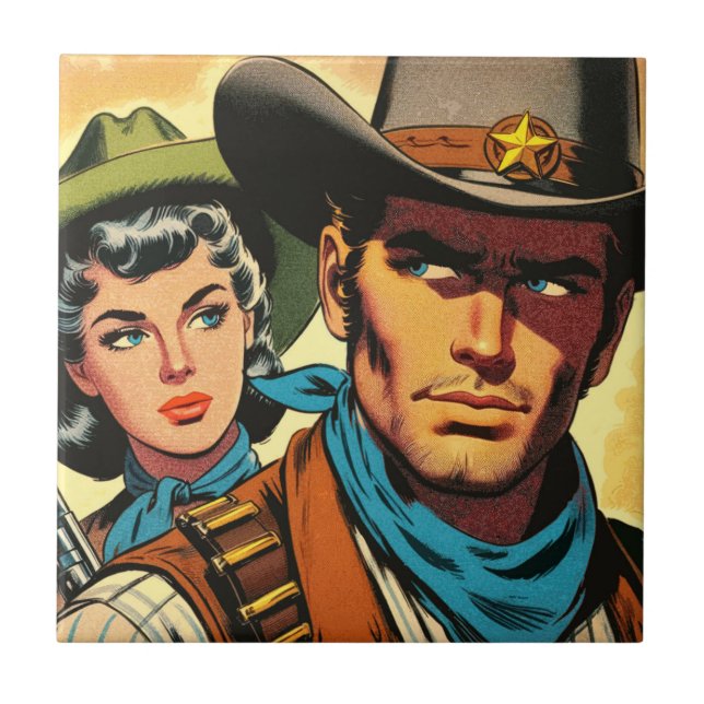 Cowboy/Cowgirl Retro Comics Ceramic Tile (Front)
