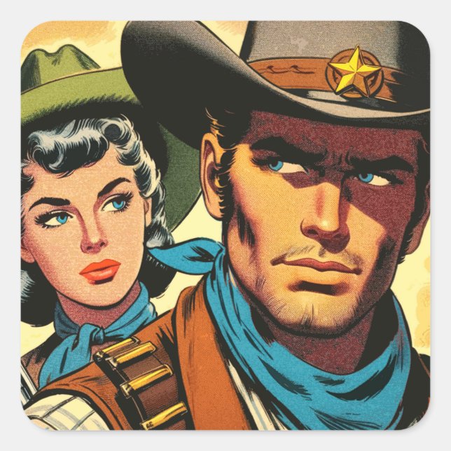 Cowboy/Cowgirl Retro Comics Square Sticker (Front)