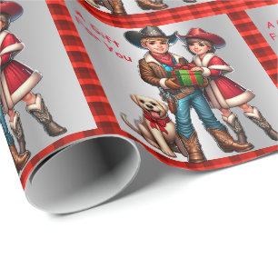 Cowboy Cowgirl Santa and Dog Christmas Wrapping Paper