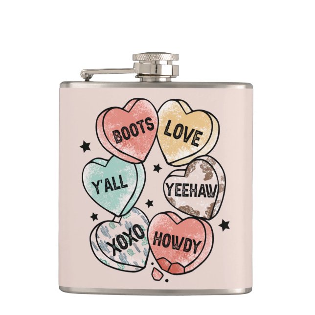 Cowboy Cowgirl Theme Hearts Hip Flask (Front)