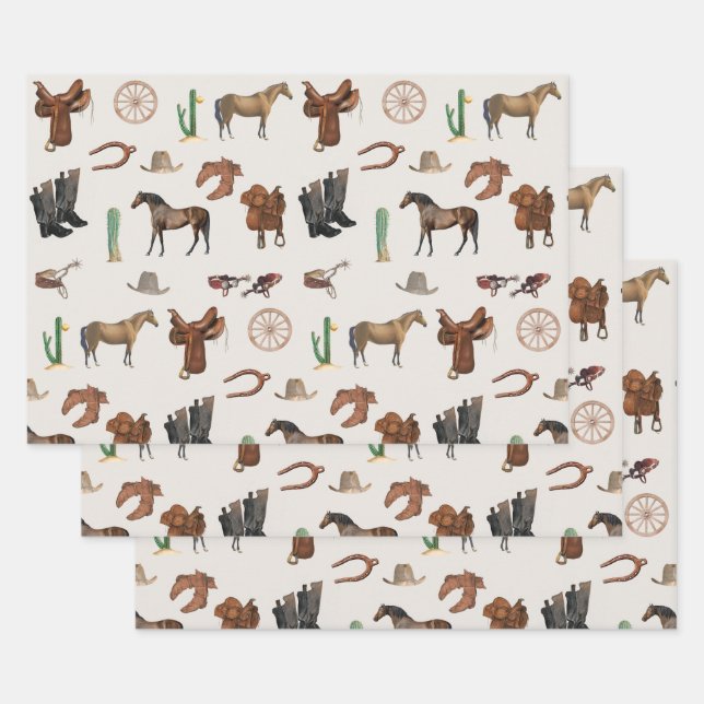 Cowboy Cowgirl Western Rodeo Country Pattern Wrapping Paper Sheet (Set)