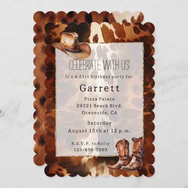 Cowboy Cream Brown Cowhide Hat Boots Invitation (Front/Back)