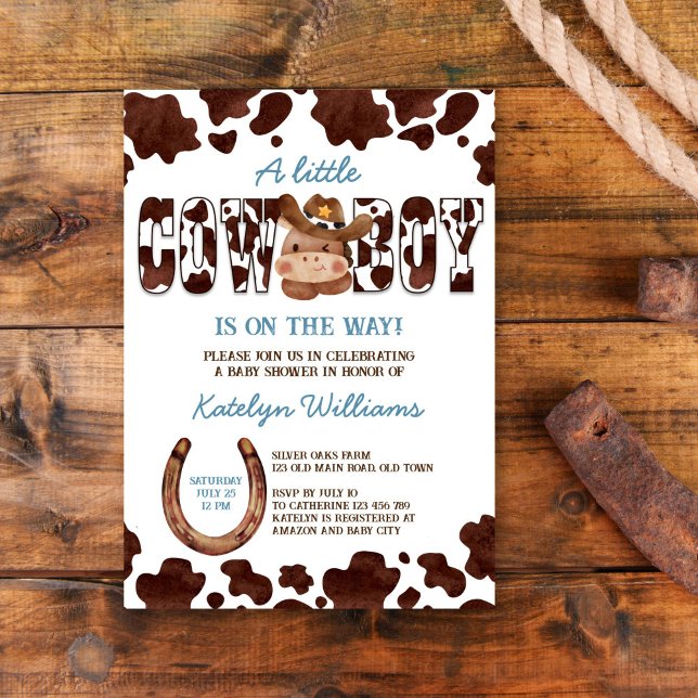 Cowboy cute baby horse western baby shower invitation (Cowboy cute baby horse blue brown cow pattern ranch western baby shower invitation template download)