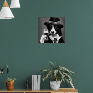 Cowboy Dog Holding a Mug of Beer Illustration Poster