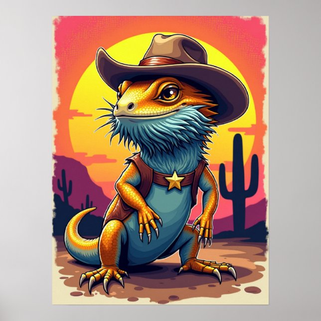Cowboy Dragon Lizard – Funny Fantasy Poster (Front)
