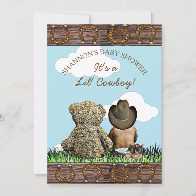 Cowboy Ethnic Baby and Teddy Bear Baby Shower Invitation (Front)