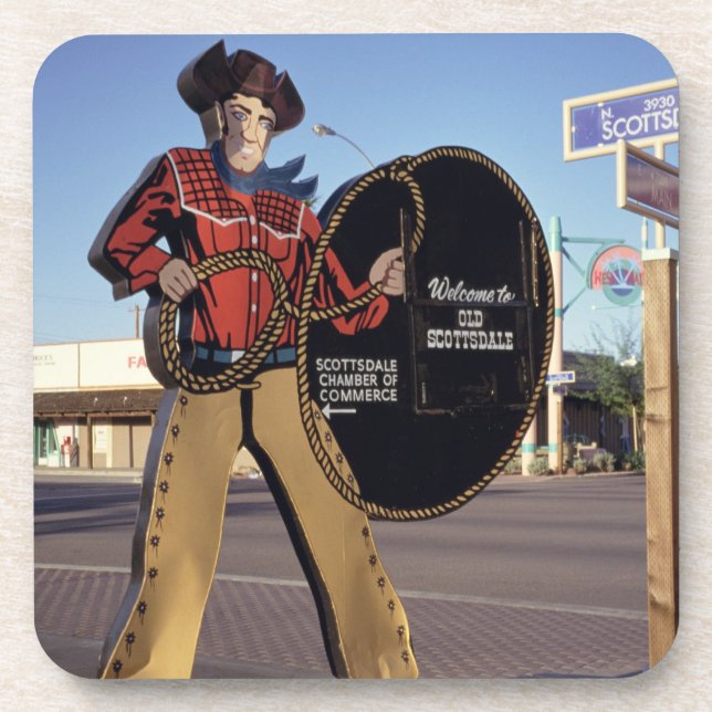 Cowboy figure sign welcoming tourists to Scottsdal Coaster (Front)