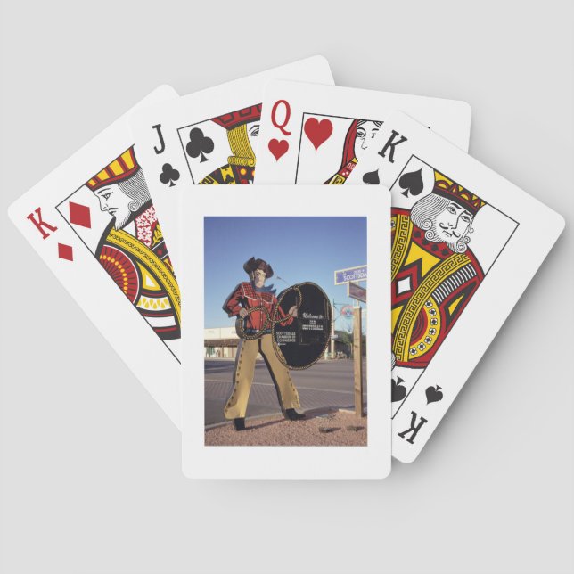 Cowboy figure sign welcoming tourists to Scottsdal Playing Cards (Back)