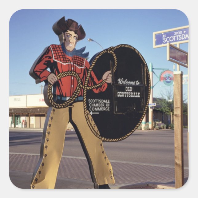 Cowboy figure sign welcoming tourists to Scottsdal Square Sticker (Front)