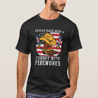 Cowboy Fireworks 4th Of July American Flag USA Pat T-Shirt