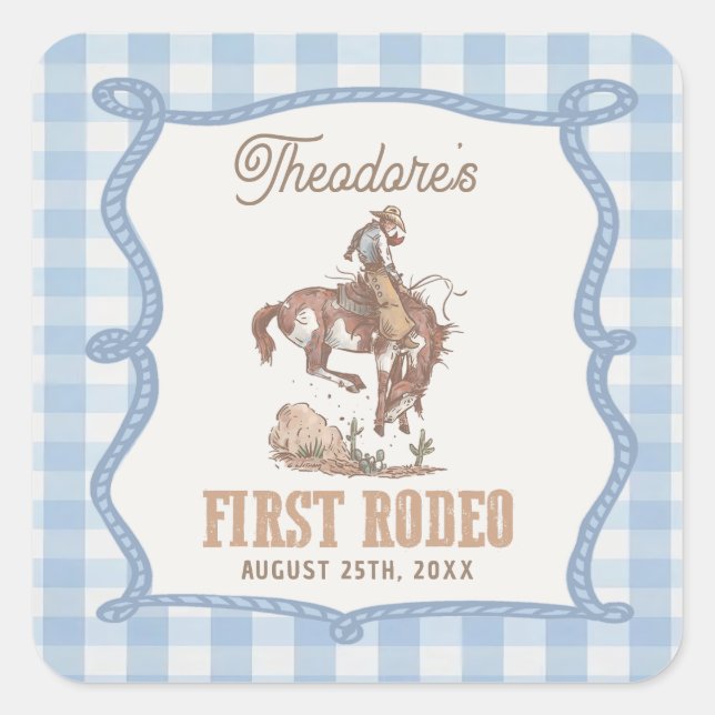 Cowboy First Rodeo Gingham Birthday  Square Sticker (Front)