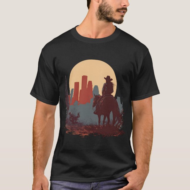 Cowboy Girl City Skyline Desert Moon Poster. T-Shirt (Front)