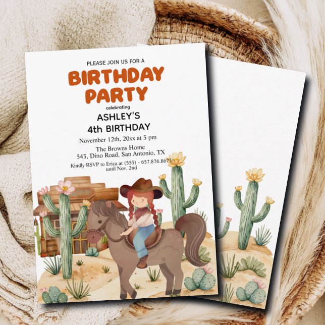 Cowboy Girl on Horse 4th Birthday Party Invitation (Creator Uploaded)