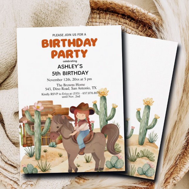 Cowboy Girl on Horse 5th Birthday Party Invitation (Creator Uploaded)