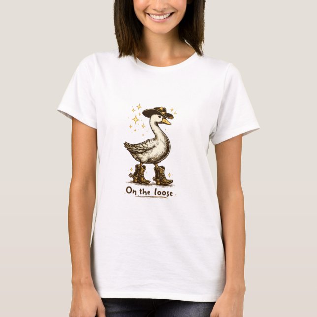 Cowboy Goose On the Loose Funny Western Art T-Shirt (Front)