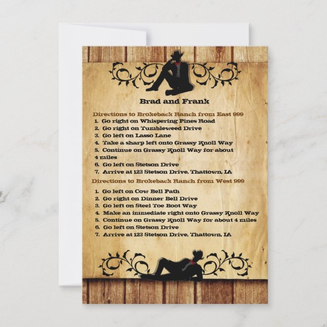 Cowboy Grooms Gay Wedding Driving Directions Cards (Front)
