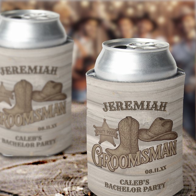 Cowboy Groomsman Rustic Woodcut Bachelor Party Can Cooler (Creator Uploaded)