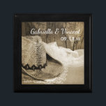 Cowboy Hat and Barn Wood Country Western Wedding Gift Box<br><div class="desc">Customise the charming Cowboy Hat and Barn Wood Country Wedding Gift Box with the personal names of the bride and groom and marriage ceremony date. This rustic chic custom ranch theme trinket box features a digitally enhanced black and white sepia tone photograph of a cowboy hat, white bridal veil and...</div>