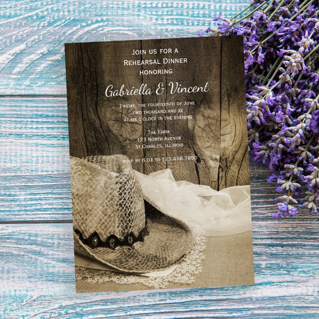 Cowboy Hat and Barn Wood Wedding Rehearsal Dinner Invitation (Creator Uploaded)