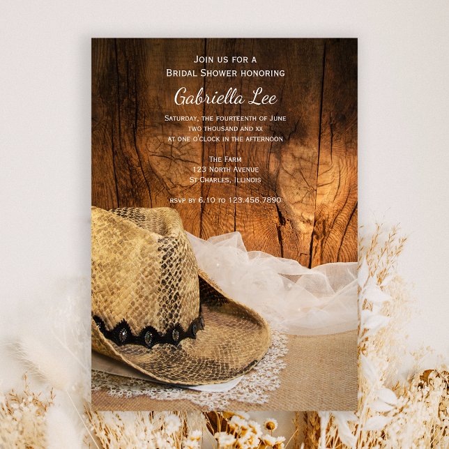 Cowboy Hat and Barn Wood Western Bridal Shower Invitation (Creator Uploaded)