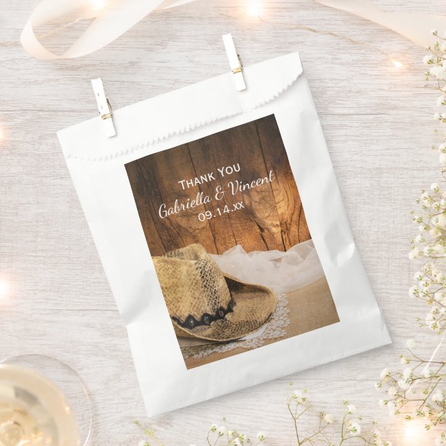 Cowboy Hat and Barn Wood Western Wedding Thank You Favour Bag (Clipped)