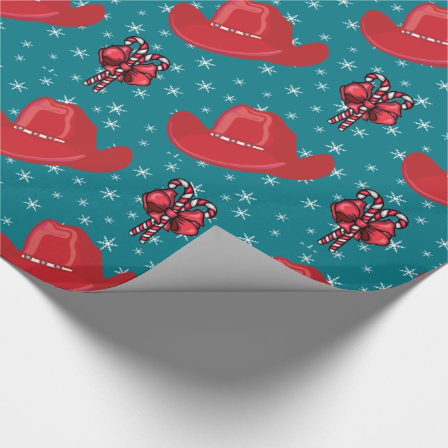 Cowboy Hat and Candy Canes Christmas Holiday Wrap Wrapping Paper (Corner)