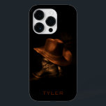 Cowboy Hat and Leather Boots Masculine Personalise Case-Mate iPhone 14 Pro Case<br><div class="desc">A pair of black leather cowboy boots stand on the floor with a brown cowboy hat draped over the top. Personalise by editing the text or delete text for no name.</div>