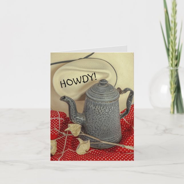 Cowboy hat and old tin enamel coffee pot birthday card (Front)