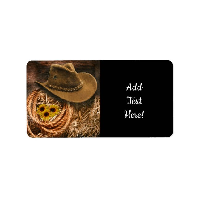 Cowboy Hat Barn Lasso Straw Bale Sunflowers Label (Front)