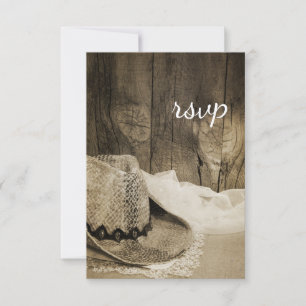 Cowboy Hat Barn Wood Country Wedding RSVP Sepia Card