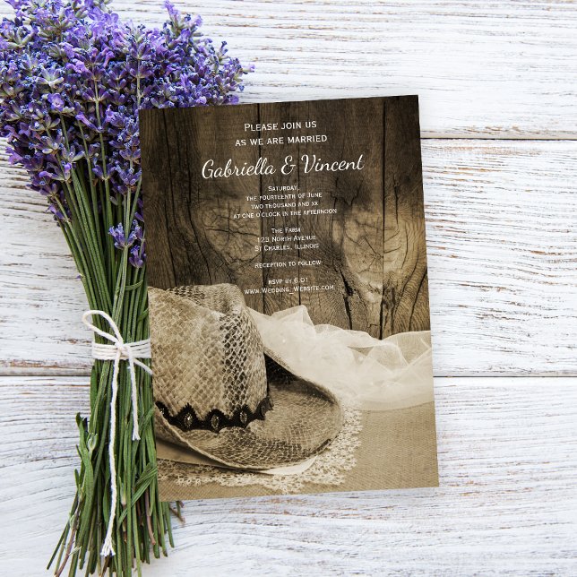 Cowboy Hat Barn Wood Country Western Wedding Sepia Invitation (Creator Uploaded)