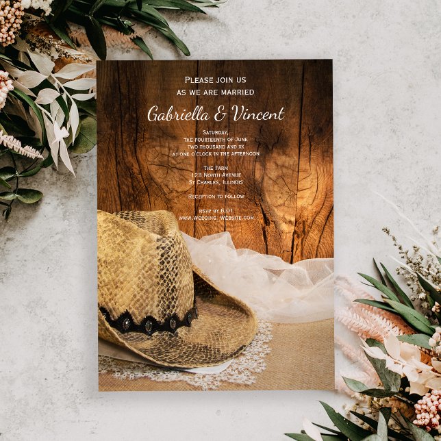 Cowboy Hat Barn Wood Western Wedding Invitation (Creator Uploaded)