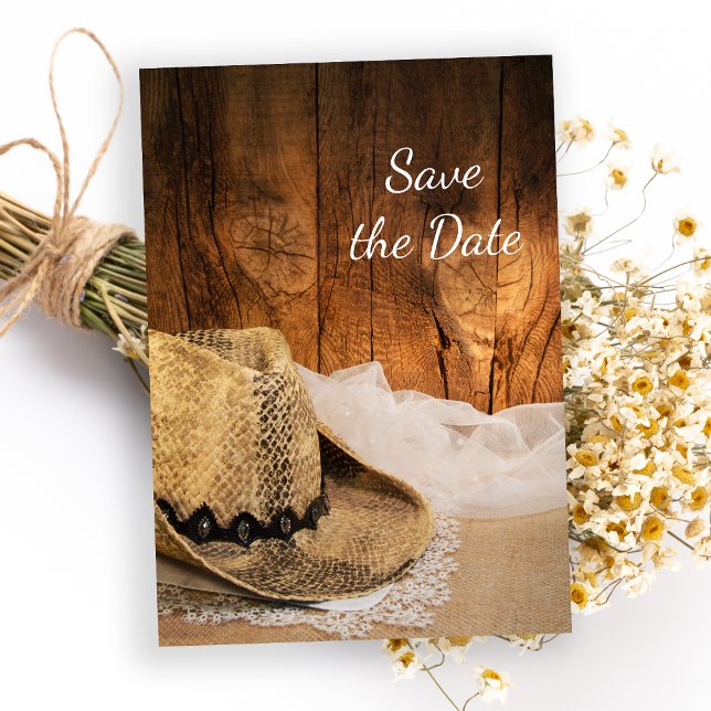 Cowboy Hat Barn Wood Western Wedding Save the Date Invitation (Creator Uploaded)