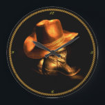 COWBOY HAT & BOOTS LARGE CLOCK<br><div class="desc">COWBOY HAT & BOOTS----A cowboy is an animal herder who tends cattle on ranches in North America, traditionally on horseback, and often performs a multitude of other ranch-related tasks. The historic American cowboy of the late 19th century arose from the vaquero traditions of northern Mexico and became a figure of...</div>