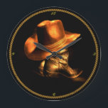 COWBOY HAT & BOOTS LARGE CLOCK<br><div class="desc">COWBOY HAT & BOOTS----A cowboy is an animal herder who tends cattle on ranches in North America, traditionally on horseback, and often performs a multitude of other ranch-related tasks. The historic American cowboy of the late 19th century arose from the vaquero traditions of northern Mexico and became a figure of...</div>
