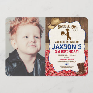 Cowboy hat boots rustic boy birthday photo invitation