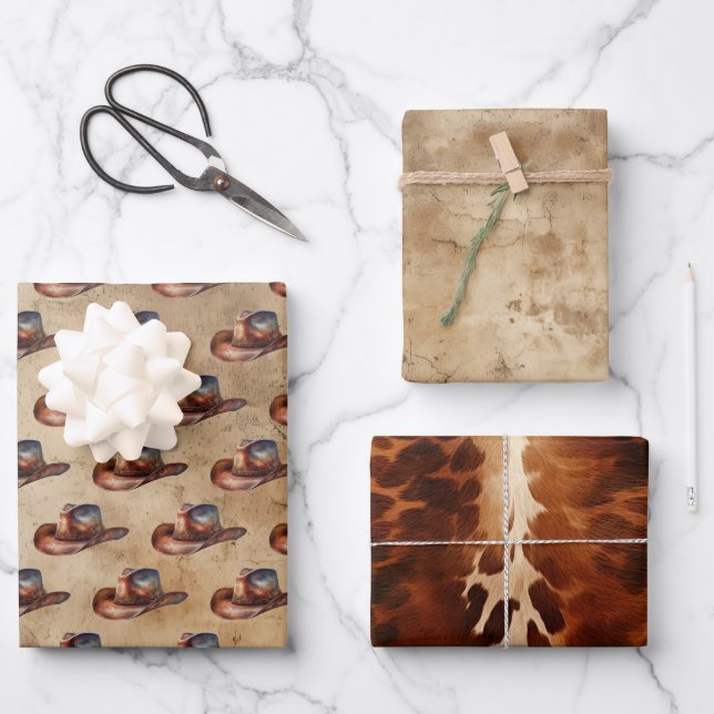 Cowboy Hat Cowhide Wrapping Paper Sheet (Front)