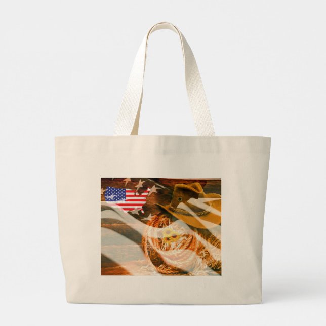 Cowboy Hat Lasso American Flag Sunrays Large Tote Bag (Back)