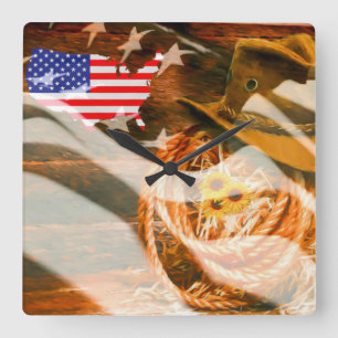 Cowboy Hat Lasso American Flag Sunrays Square Wall Clock