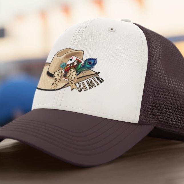 Cowboy Hat Playing Card and Peacock Trucker Hat (Cute western themed cowboy hat with special collection items in hat band.  Customize this one too!)