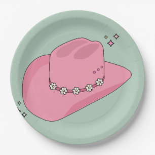 Cowboy Hat Preppy Pink And Green Paper Plate