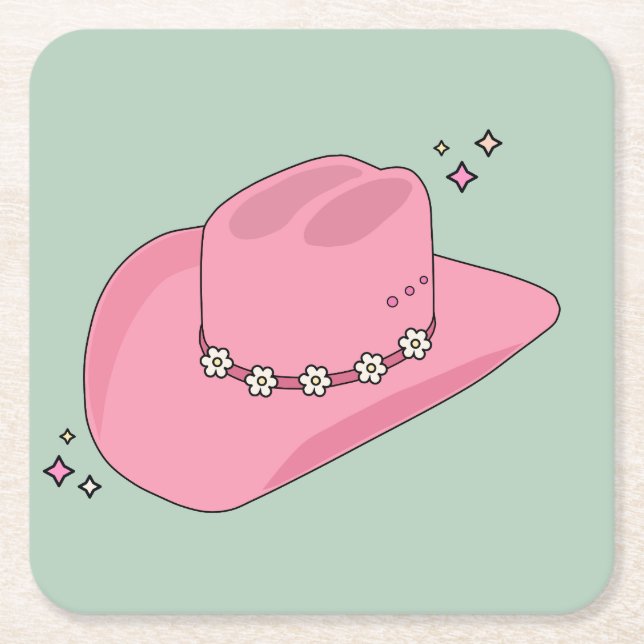 Cowboy Hat Preppy Pink And Green Square Paper Coaster (Front)