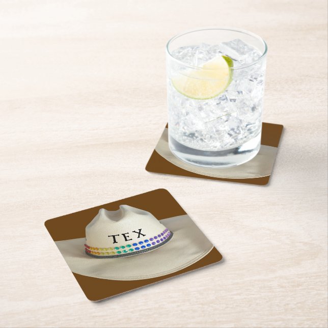 Cowboy hat rhinestones & party name of your choice square paper coaster (Insitu)